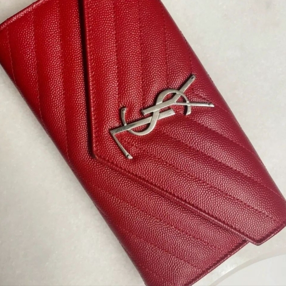 RARE & Auth YSL SAINT LAURENT Long Flap Wallet In Grain Embossed Leather in Red - Picture 3 of 15